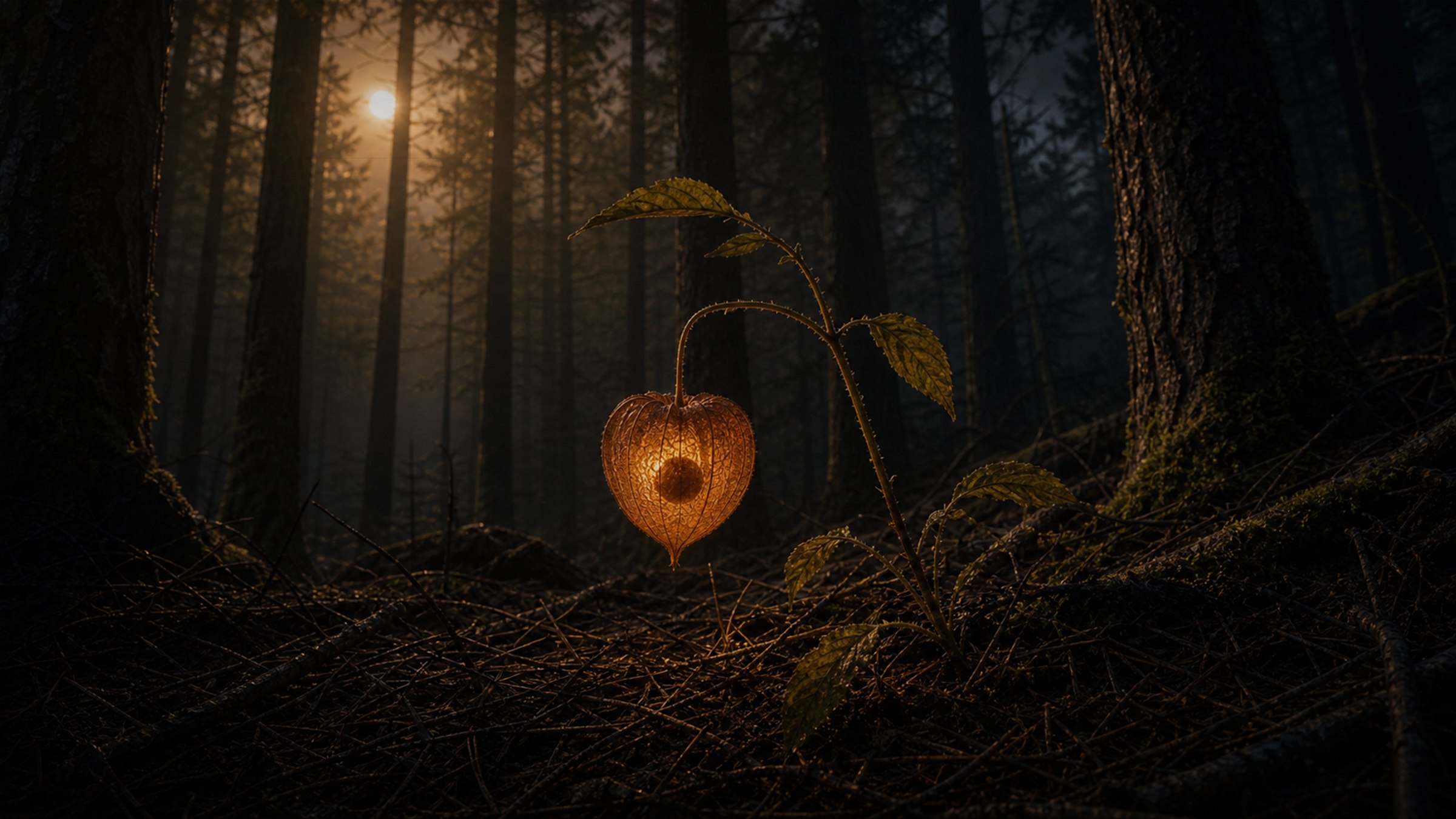 Plate 12 of the descent — the physalis husk glowing like a lantern on the moonlit forest floor